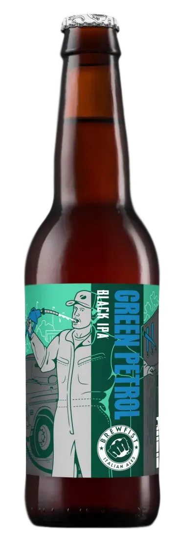 Bruine fles Green Petrol bier van Brewfist met stoer stripachtig etiket, Black IPA bier vol hop en stevig bierkarakter.