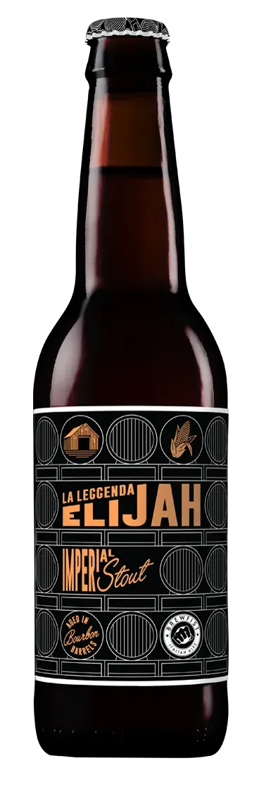 Elijah bier – krachtige imperial stout met zwart etiket en koperkleurige accenten, bier gerijpt op bourbonvaten.