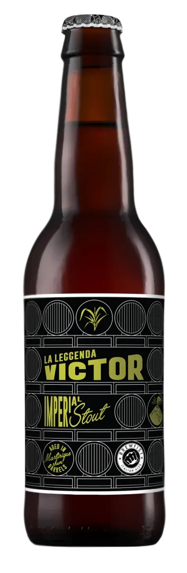 La Leggenda Victor imperial stout bier met zwarte en gouden uitstraling, gerijpt op Martinique rumvaten