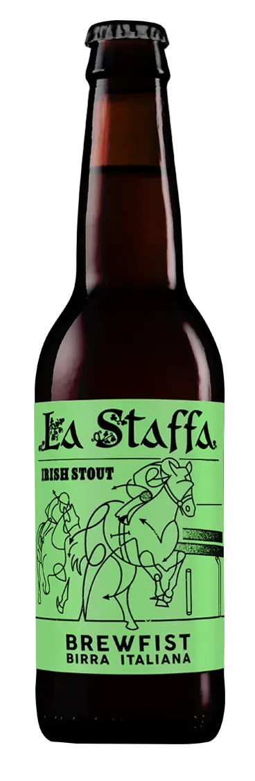 Fles La Staffa bier van Brewfist met felgroen etiket en ruiterillustratie, Italiaanse Irish Stout