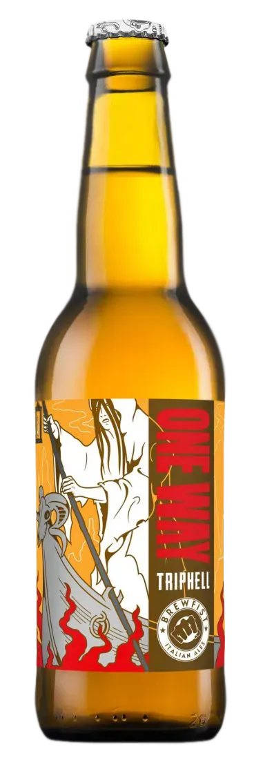 Gele bierfles van Brewfist met label "One Way Triphell", illustratie van de dood met zeis, krachtig tripel bier.