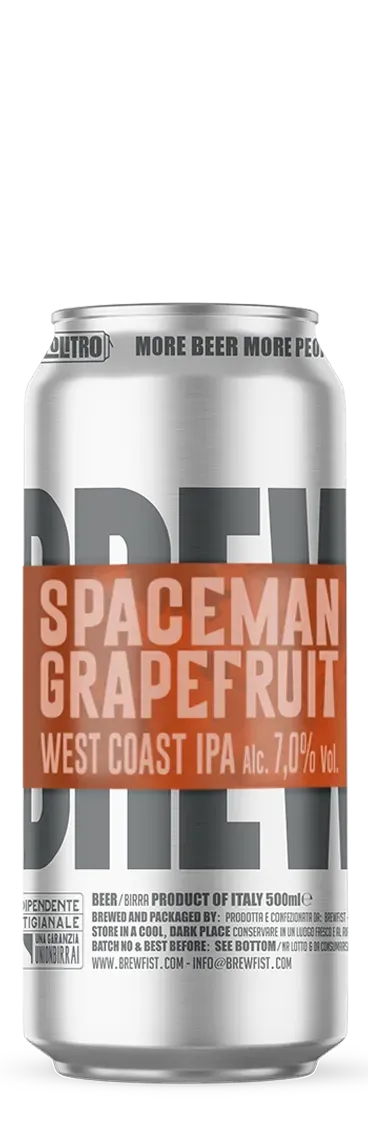 Strak zilverkleurig blik bier met oranje label en grote tekst Spaceman Grapefruit – een West Coast IPA bier van 7%.
