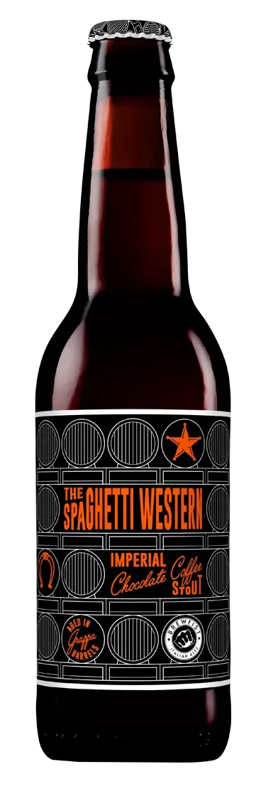 Bruin bier flesje “The Spaghetti Western” met zwart-oranje label, Imperial Chocolate Coffee Stout gerijpt in grappa-vaten