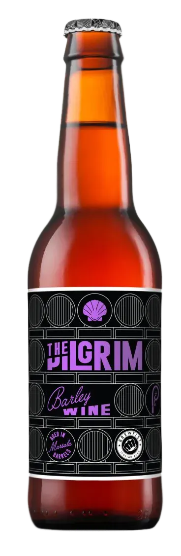 The Pilgrim barley wine bier in zwarte bier fles met paarse accenten, gerijpt op Marsala barrels
