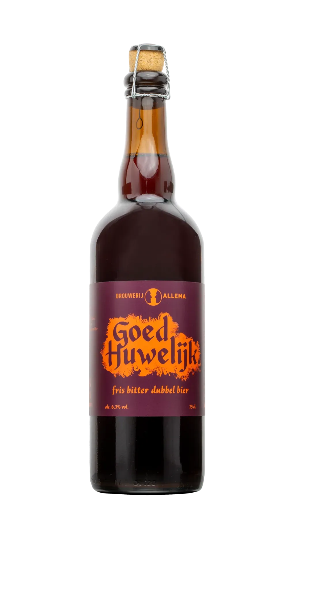 Bruine bier fles Goed Huwelijk met kurk, paars-oranje etiket en opschrift “fris bitter dubbel bier” van Brouwerij Allema