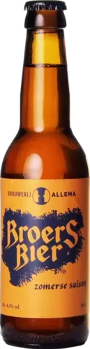 Fles Broers Bier saison met oranje etiket en blauwe belettering, zomers speciaalbier van Brouwerij Allema