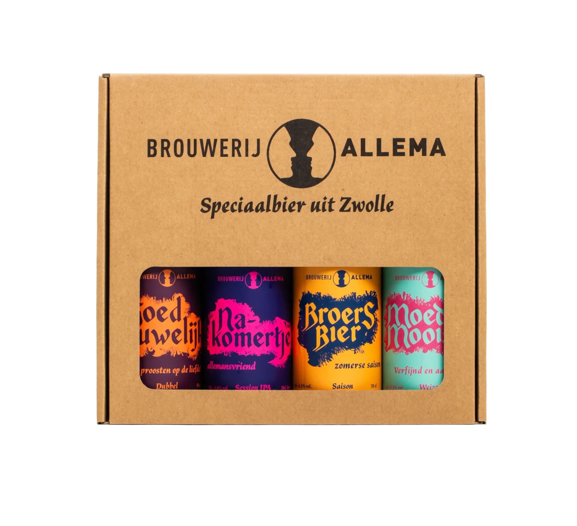 Brouwerij Allema bier pakket met 4 kleurrijke blikken – Goed Huwelijk, Nakomertje, Broers Bier en Moeders Mooiste bier