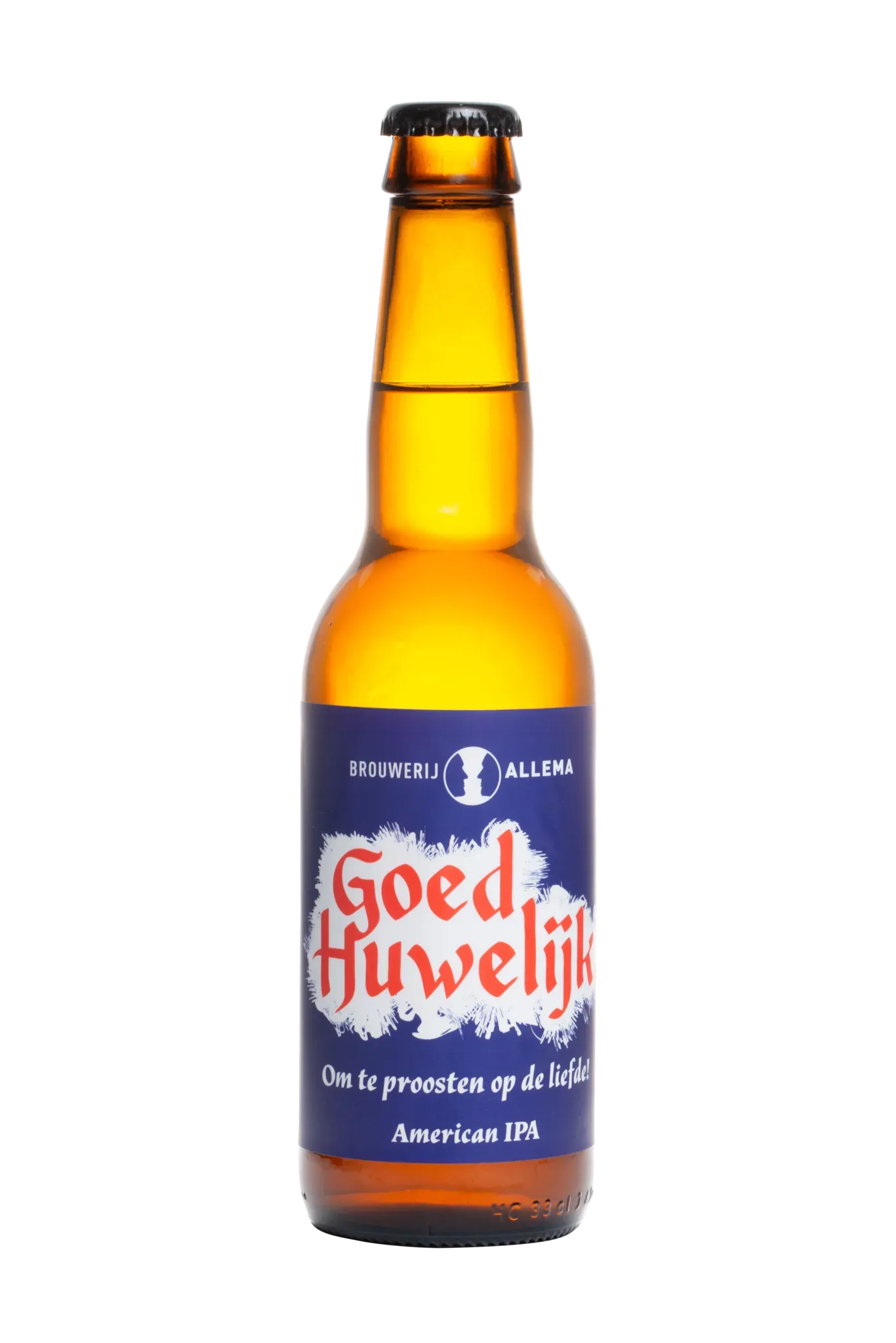 Bruine fles Goed Huwelijk bier met blauw etiket, American IPA om te toosten op de liefde met een stevig hoppig bier.