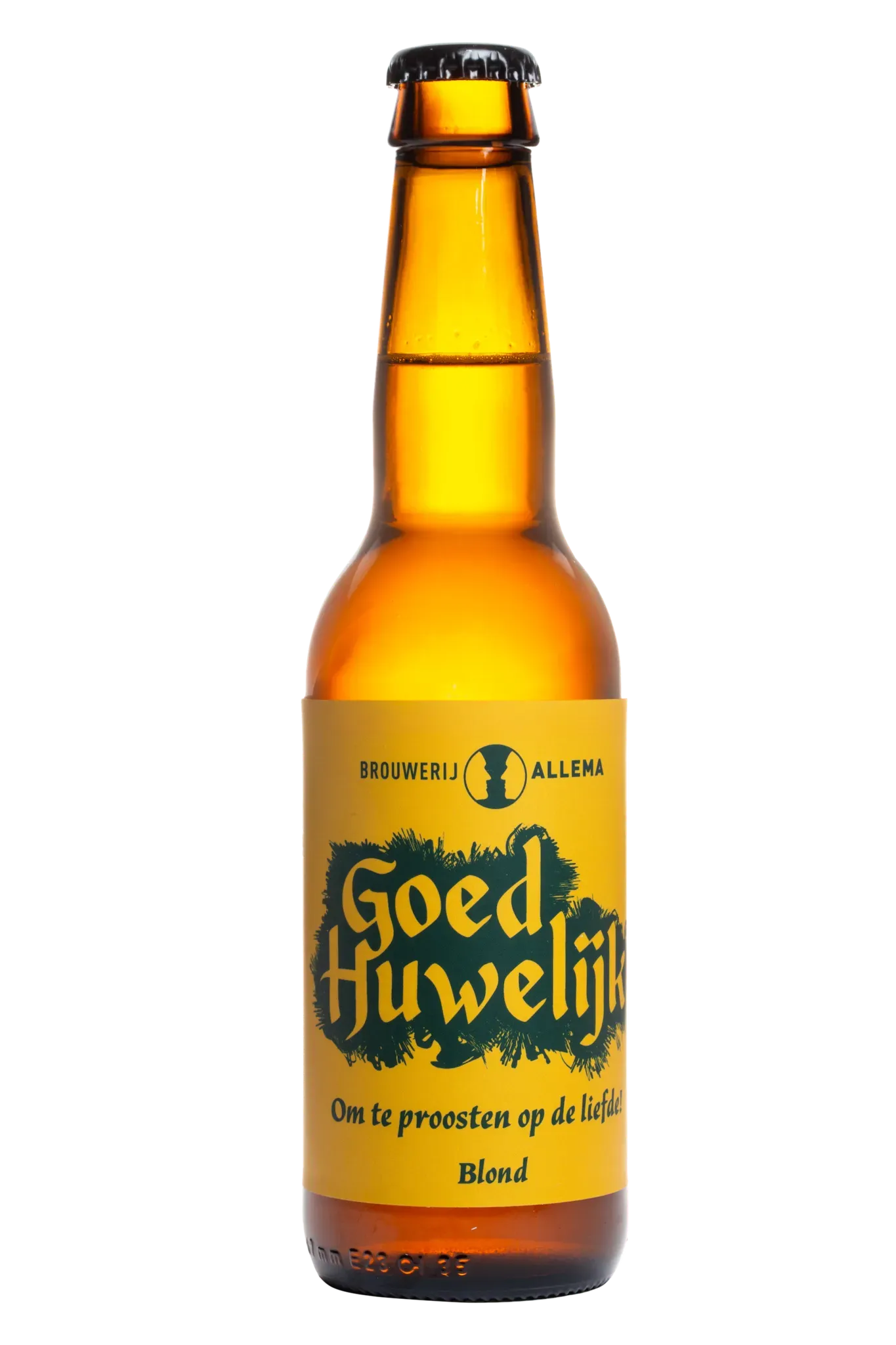 Blond bier in fles van Brouwerij Allema met geel etiket en de tekst “Goed Huwelijk”.