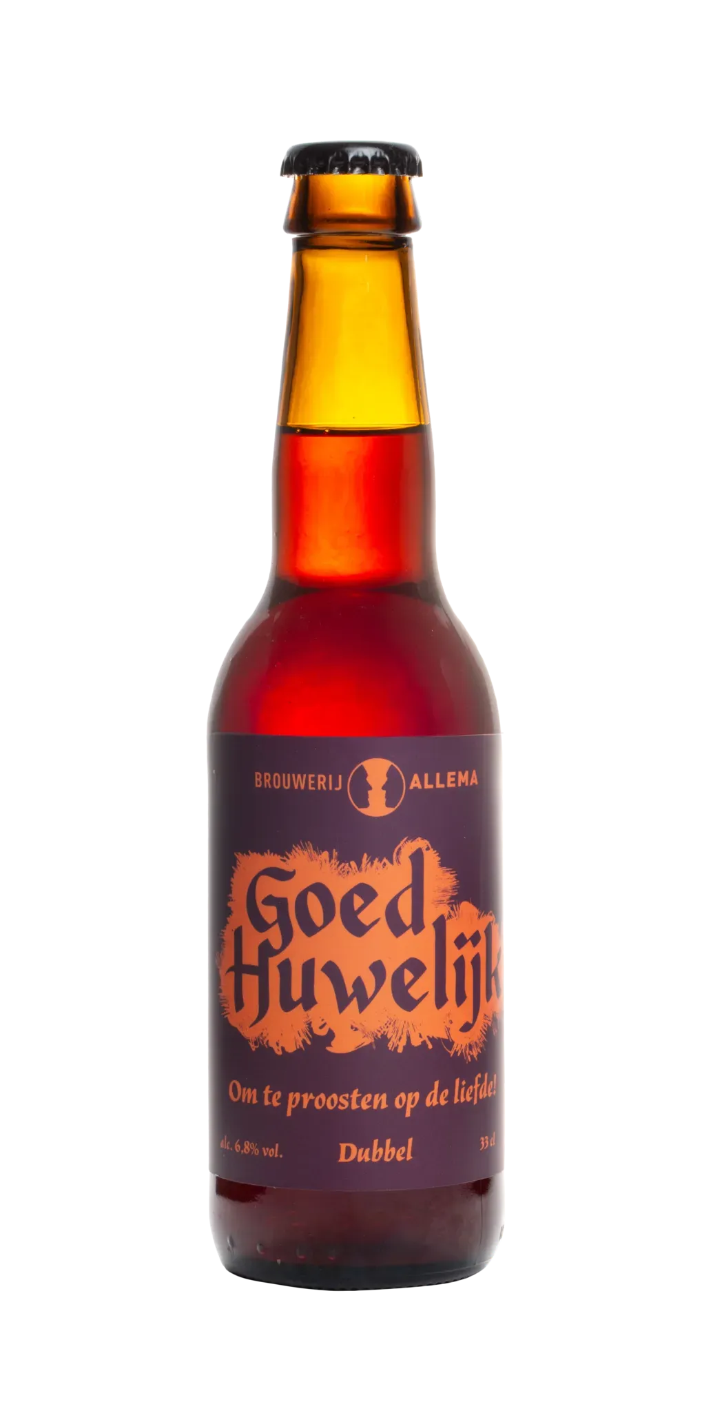 Paarse bier fles Goed Huwelijk Dubbel bier met oranje letters, slogan “Om te proosten op de liefde!” van Brouwerij Allema