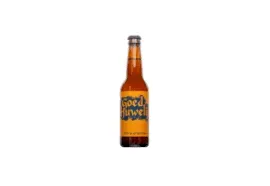 Fles Goed Huwelijk saison bier met oranje label en donkerblauwe typografie, fris en toegankelijk speciaalbier