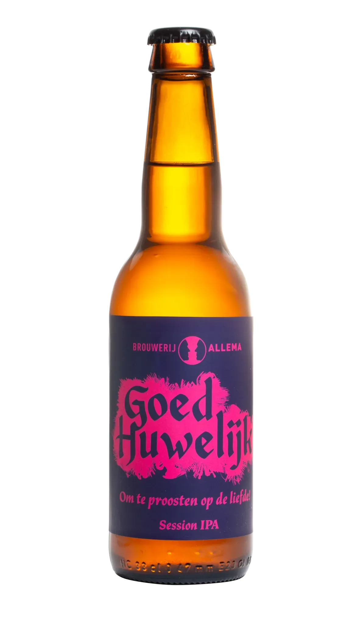 Bruine fles Goed Huwelijk bier met paars-roze etiket, Session IPA om te proosten op  liefde met fris en licht bier karakter.