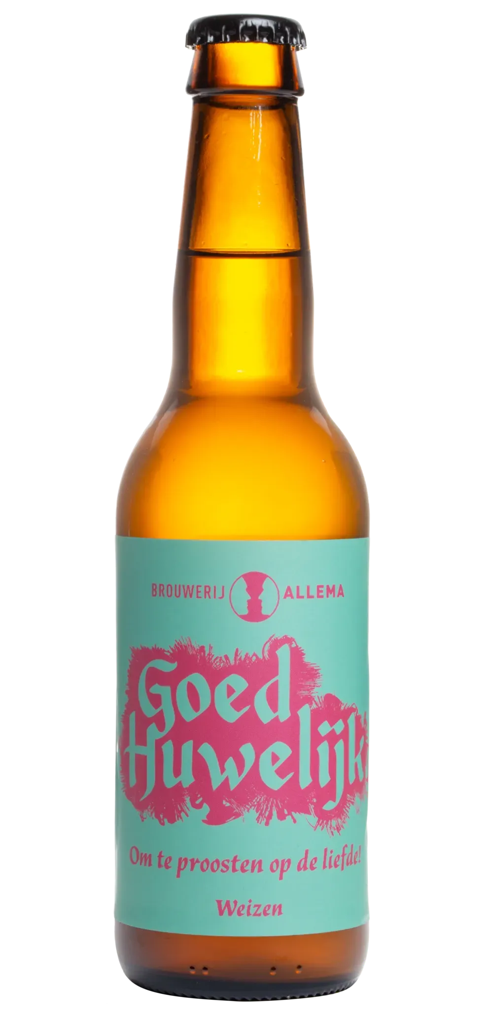 Fles Goed Huwelijk Weizen bier van Brouwerij Allema met turquoise etiket en roze gotisch lettertype