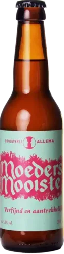 Bierfles met mintgroen en roze etiket, Moeders Mooiste, verfijnd en aantrekkelijk bier van Brouwerij Allema
