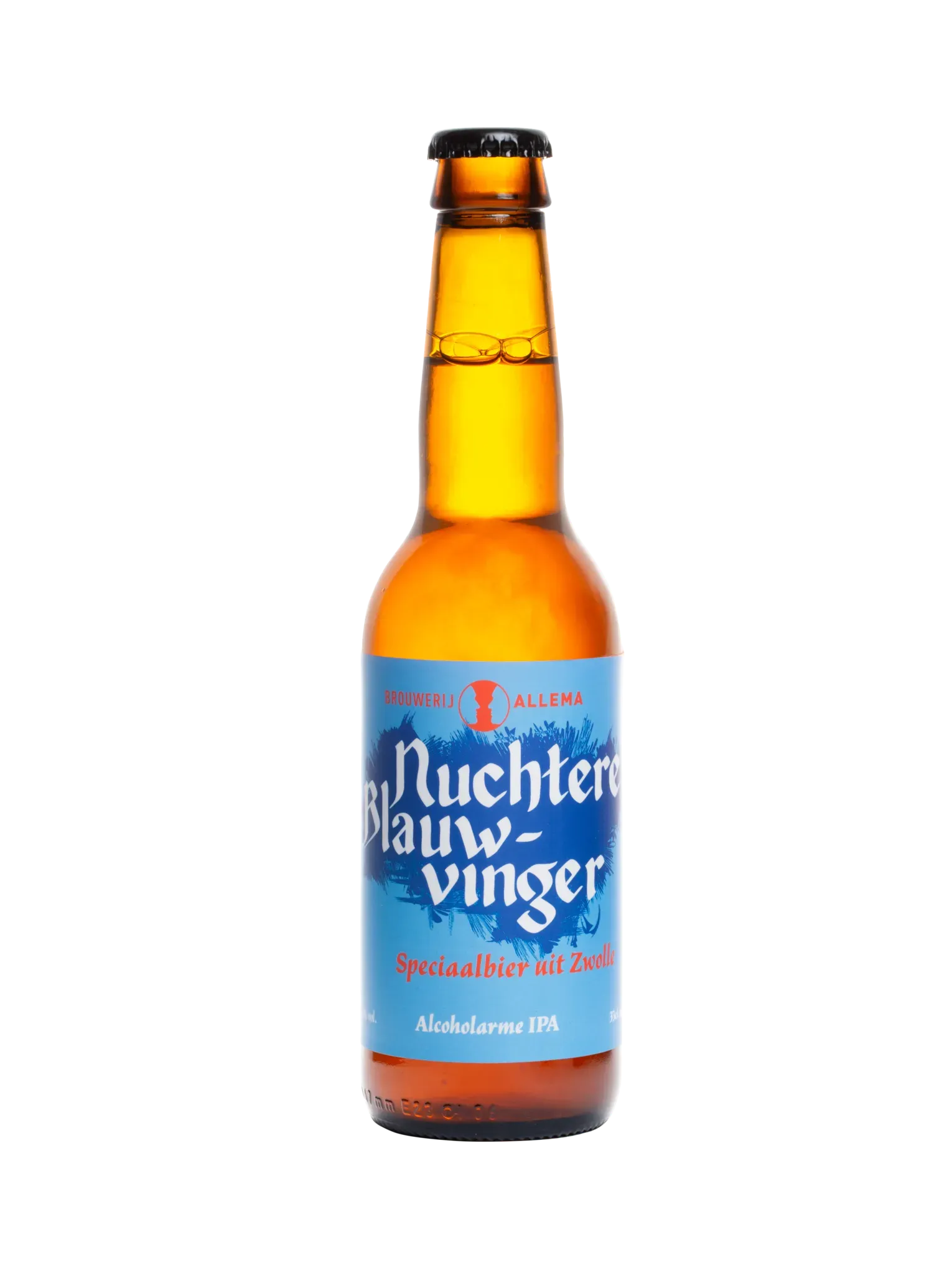 Fles Nuchtere Blauwvinger bier van Brouwerij Allema met blauw etiket, alcoholarme IPA bier uit Zwolle met karakter