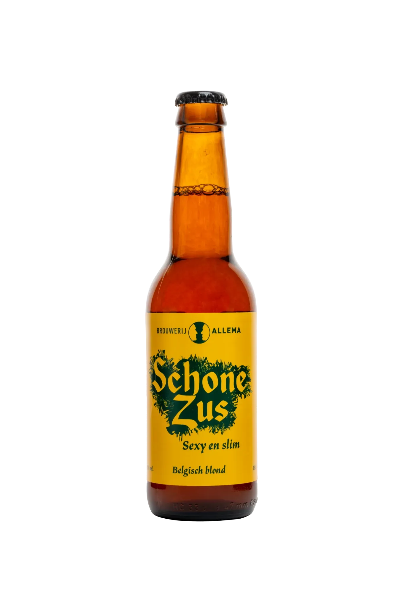 Schone Zus blond bier van Brouwerij Allema. Geel etiket met de slogan “Sexy en slim”.