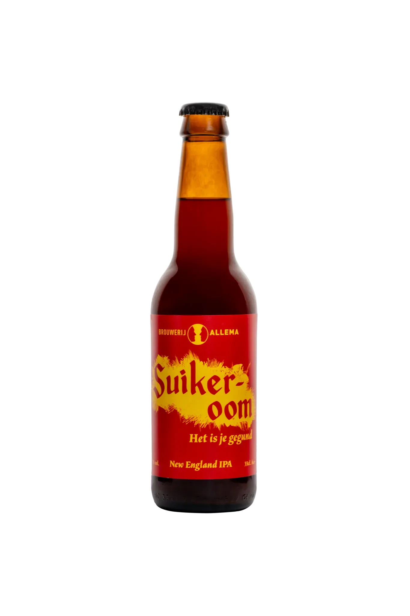 Bier fles van Brouwerij Allema met rood-geel etiket en de tekst  Suikeroom – Het is je gegund – New England IPA Bier.
