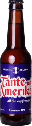 Bruine fles Tante uit Amerika bier met paars-rood etiket, klassieke American IPA met hoppige smaak en krachtig bier profiel.