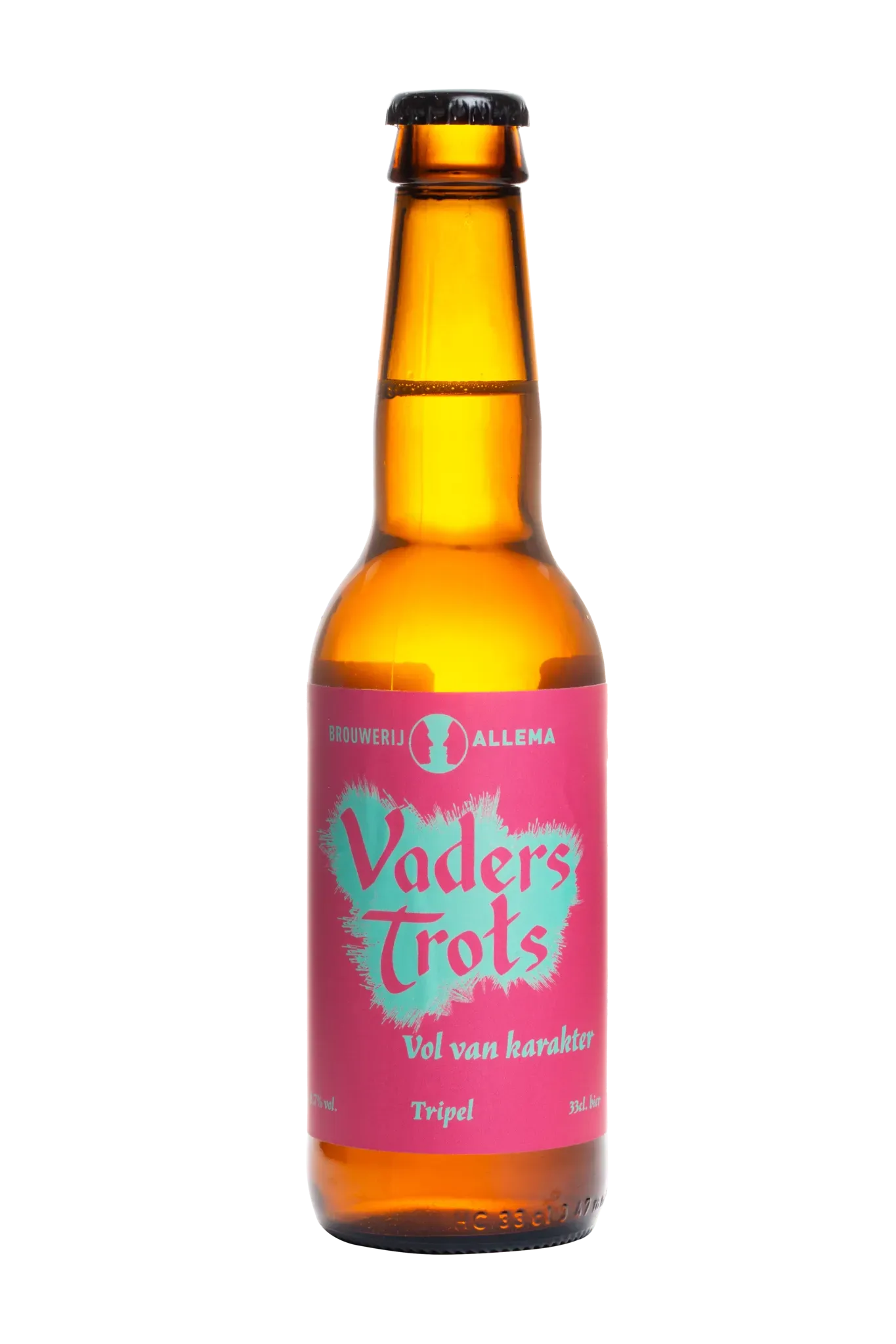 Fles Vaders Trots van Brouwerij Allema. Tripel bier met roze etiket, vol karakter en een knipoog naar familiegevoel.