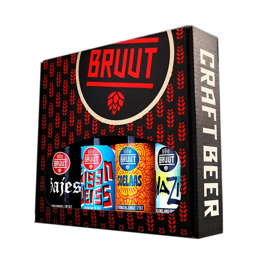 Bruut bier pakket met 4 kleurrijke blikken bier  – Hajes, 1984 Lies, Soelaas en Mazi bier in zwart-rode geschenkdoos
