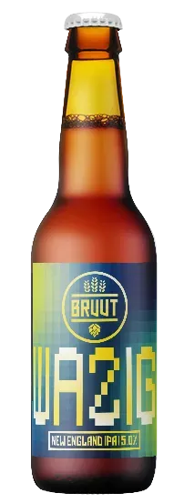 Fles Wazig New England IPA bier van BRUUT met pixeldesign en moderne look, fruitig en zacht bier met speelse uitstraling