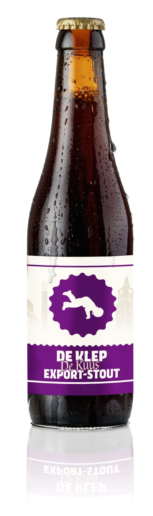 Fles De Klep De Kuus bier met paars etiket en breakdancerlogo, export-stout met karakter