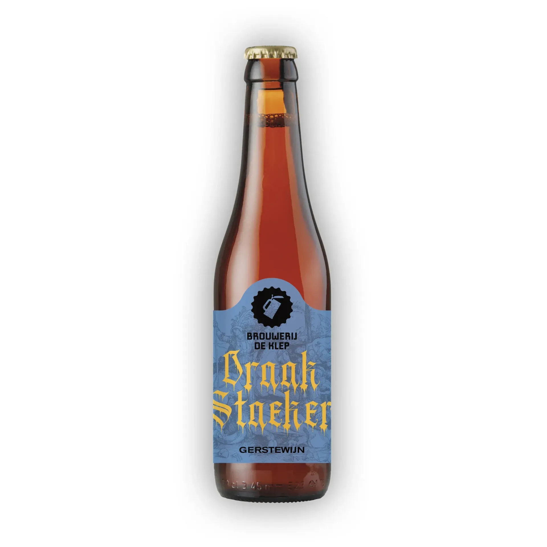 Draak Steker bier van Brouwerij De Klep – gerstewijn in bruine bier fles met blauw etiket en gotische gele typografie.