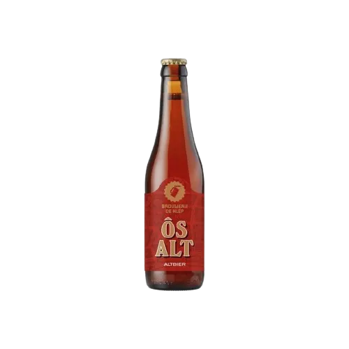 Flesje Ôs Alt bier van Brouwerij de Natte Hond met rood etiket en amberkleurige inhoud