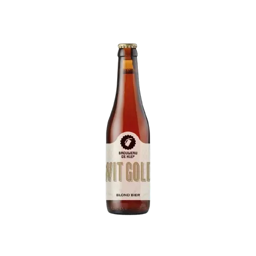 Amberkleurige fles WIT GOUD van Brouwerij de Molen. Blond bier met zachte body en klassieke uitstraling.