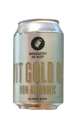 Blik bier Wit Gold 0.5% van Brouwerij De Klep met goudkleurig design, alcoholarm blond bier met frisse, lichte smaak