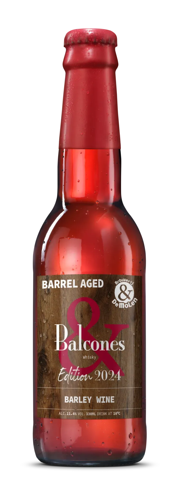 Balcones bier van De Molen – krachtige barrel aged barley wine in fles met houtmotief en rode waxdop, editie 2024.