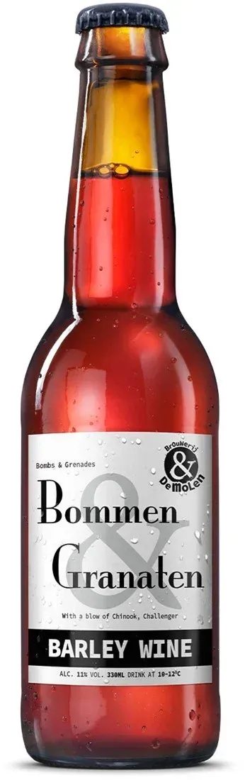 Bommen & Granaten bier van De Molen – stevige barley wine in bruine fles met zwart-wit etiket en hoppige kick.