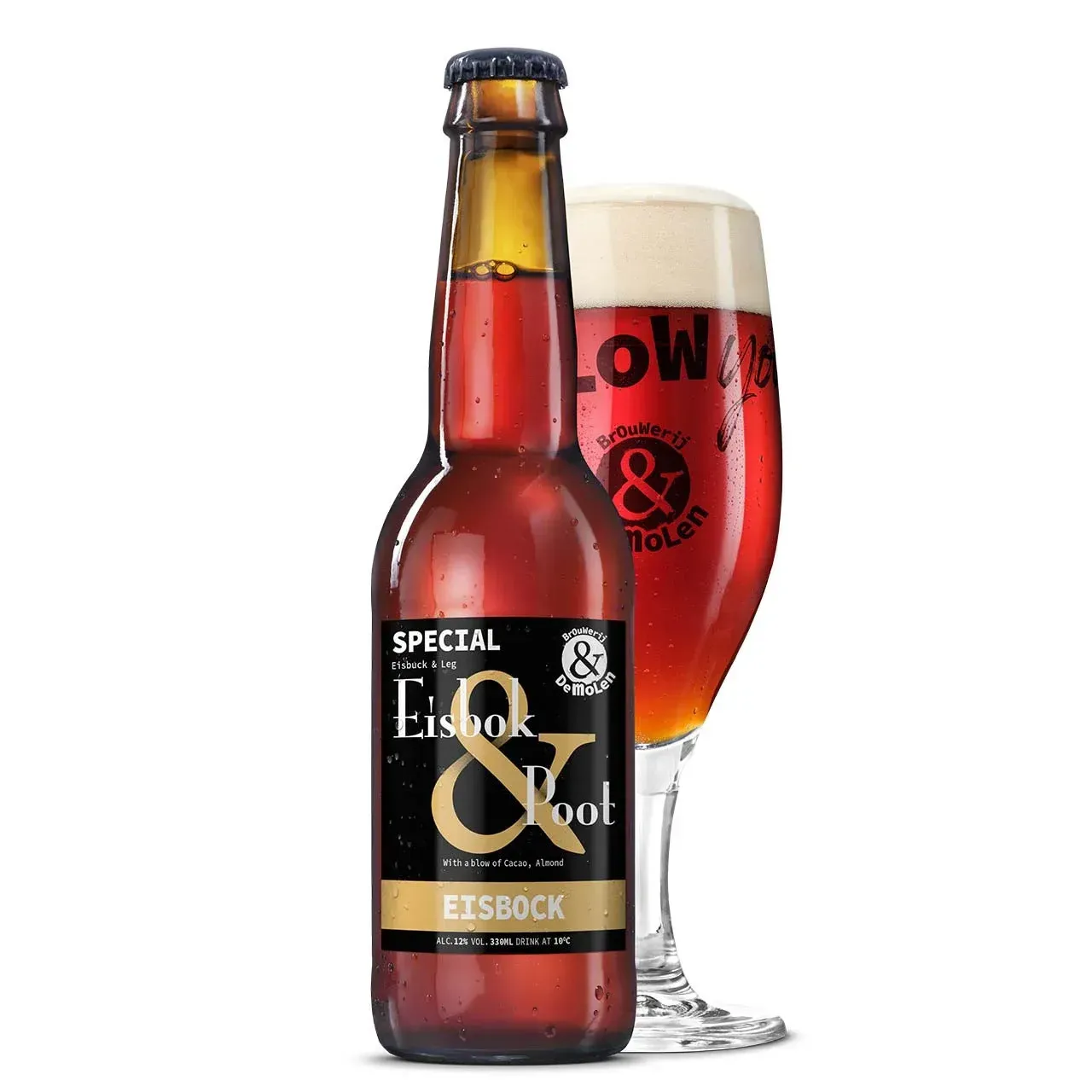 Fles Eisbock & Poot bier van Brouwerij De Molen met bijpassend glas, robijnrood en krachtig van karakter