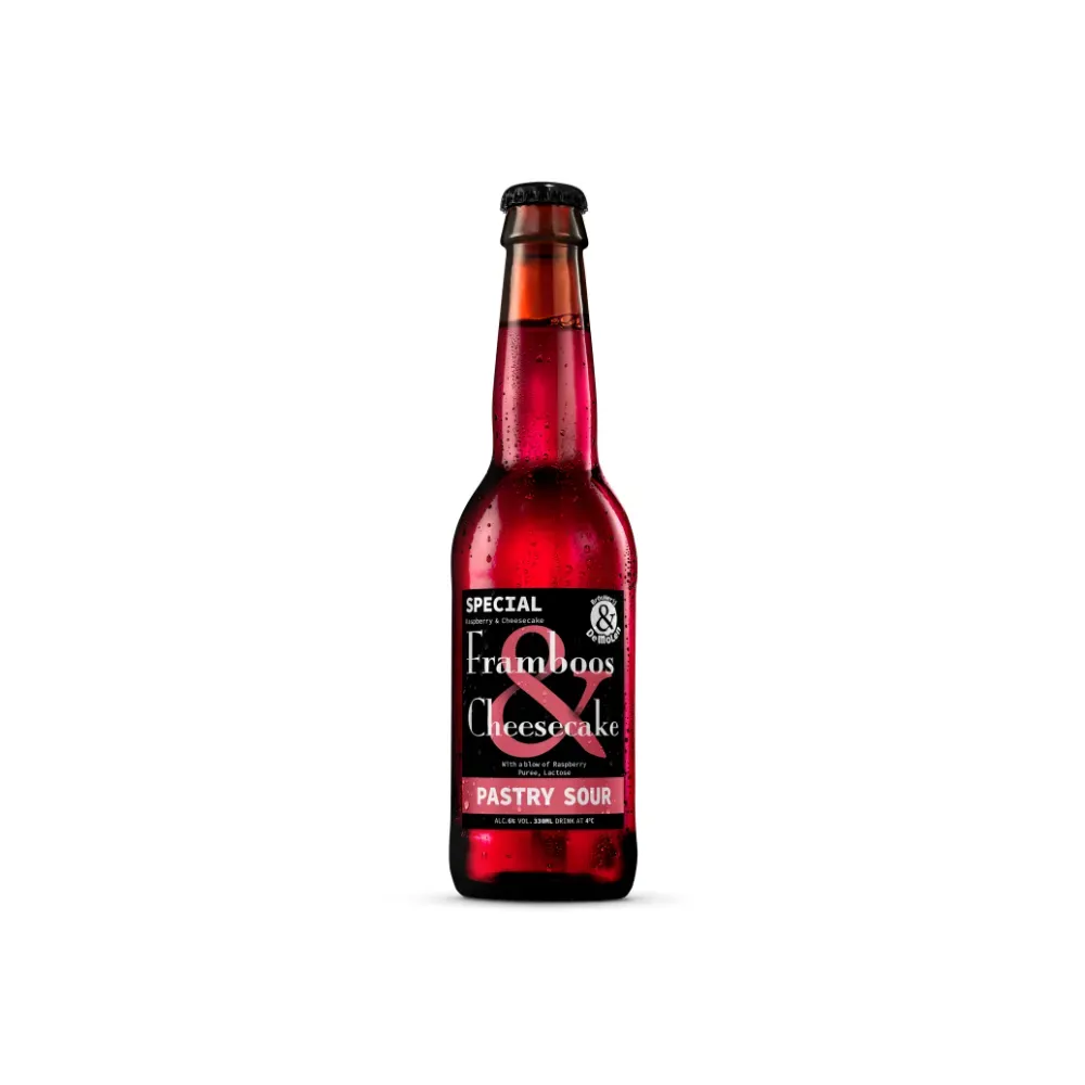 Roodroze fles Framboos & Cheesecake pastry sour bier met zwart label, fruitig en romig speciaalbier met framboos