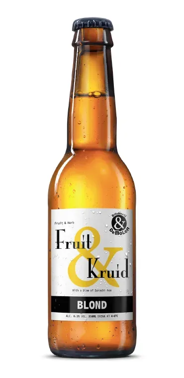 Goudkleurige fles bier Fruit & Kruid van Brouwerij de Molen. Blond bier met frisse hop, fruitige twist en kruidige finesse.