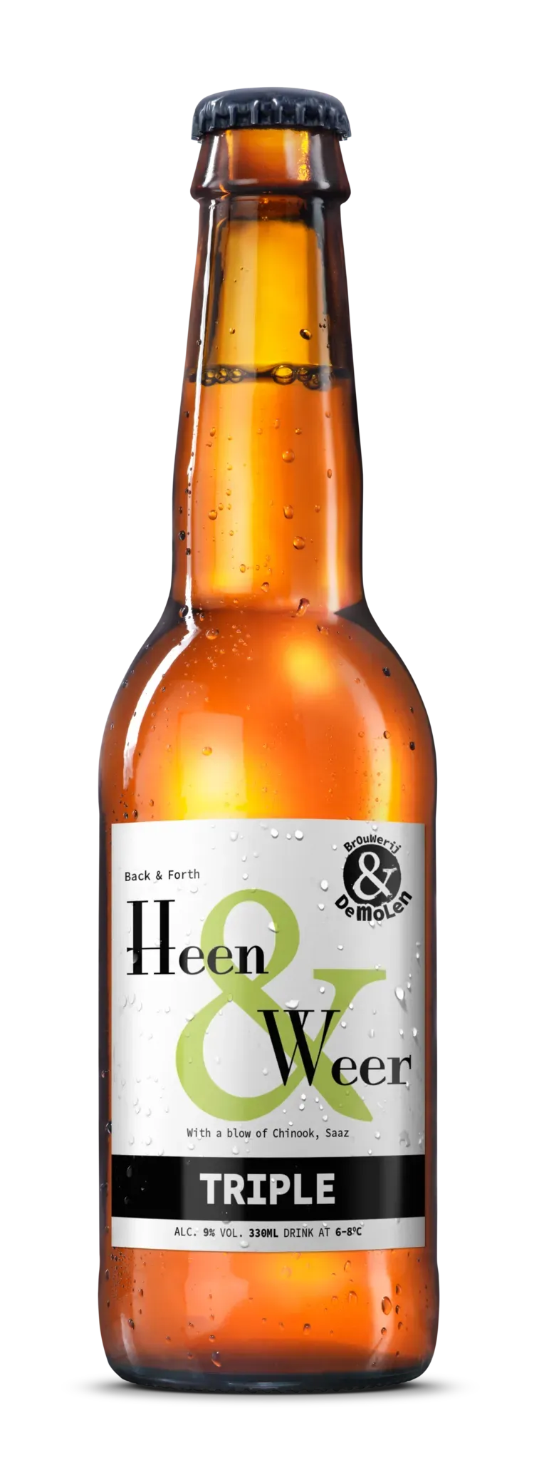 Fles tripel bier van Brouwerij De Molen met wit etiket, groot groen &-teken en de naam Heen en Weer