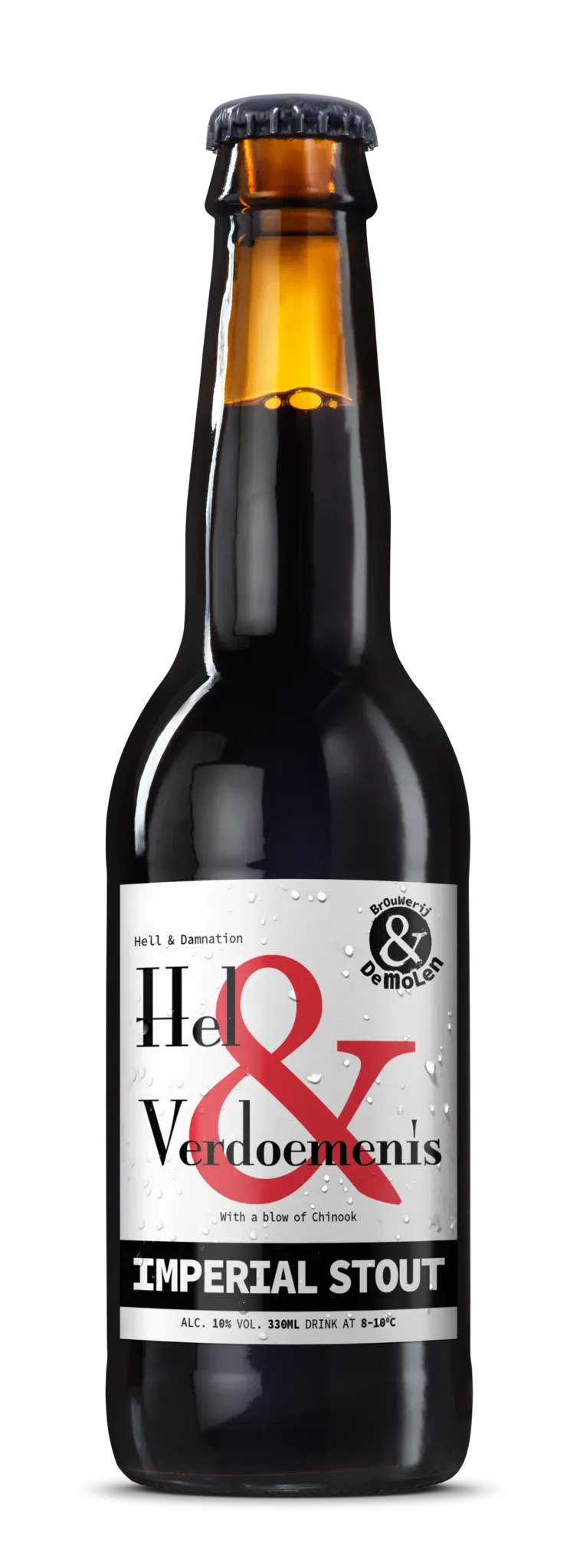 Fles Hel & Verdoemenis bier van Brouwerij De Molen met wit etiket, krachtige imperial stout van 10%