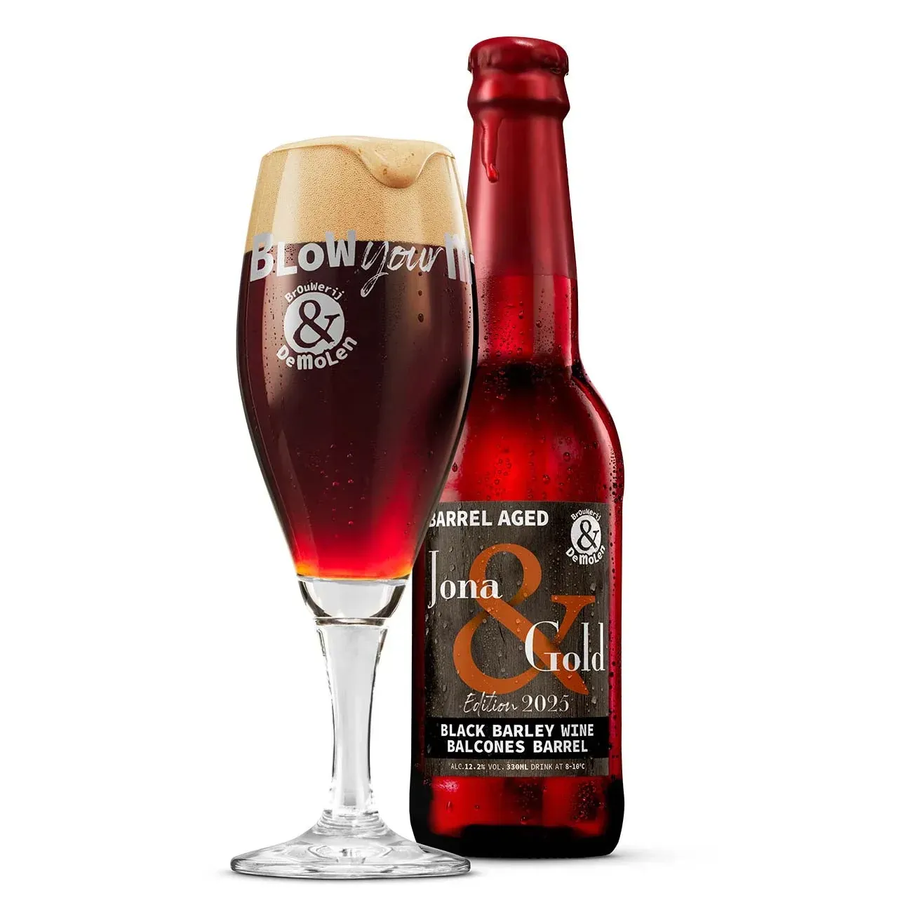 Jona & Gold bier – rode fles met glas vol donker bier met schuimkraag, barrel aged black barley wine bier.