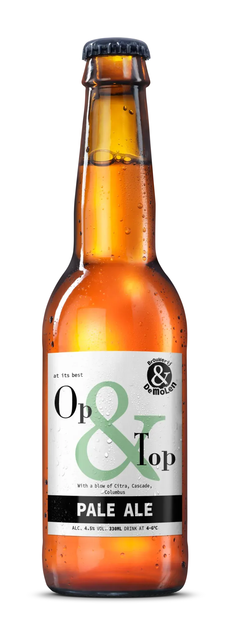 Goudkleurige fles Op & Top van Brouwerij de Molen. Pale ale bier met citrusachtige hop en doordrinkbaar karakter.