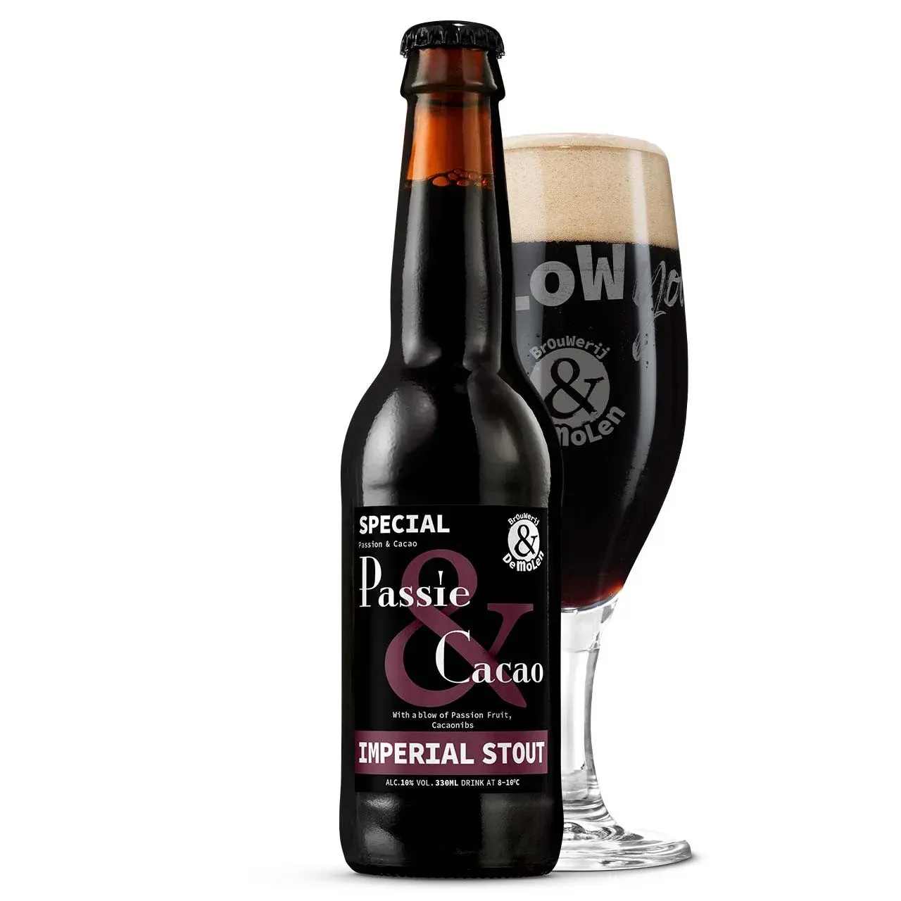 Fles Passie & Cacao bier van Brouwerij De Molen met glas, imperial stout met passievrucht en cacao