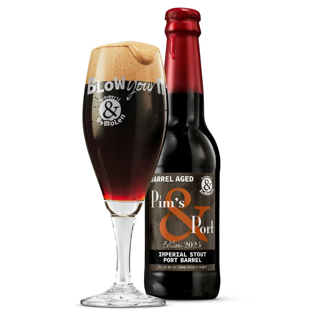 Pim’s & Port bier – zwarte fles met rood wax en vol glas donker bier met schuimkraag, barrel aged imperial stout.