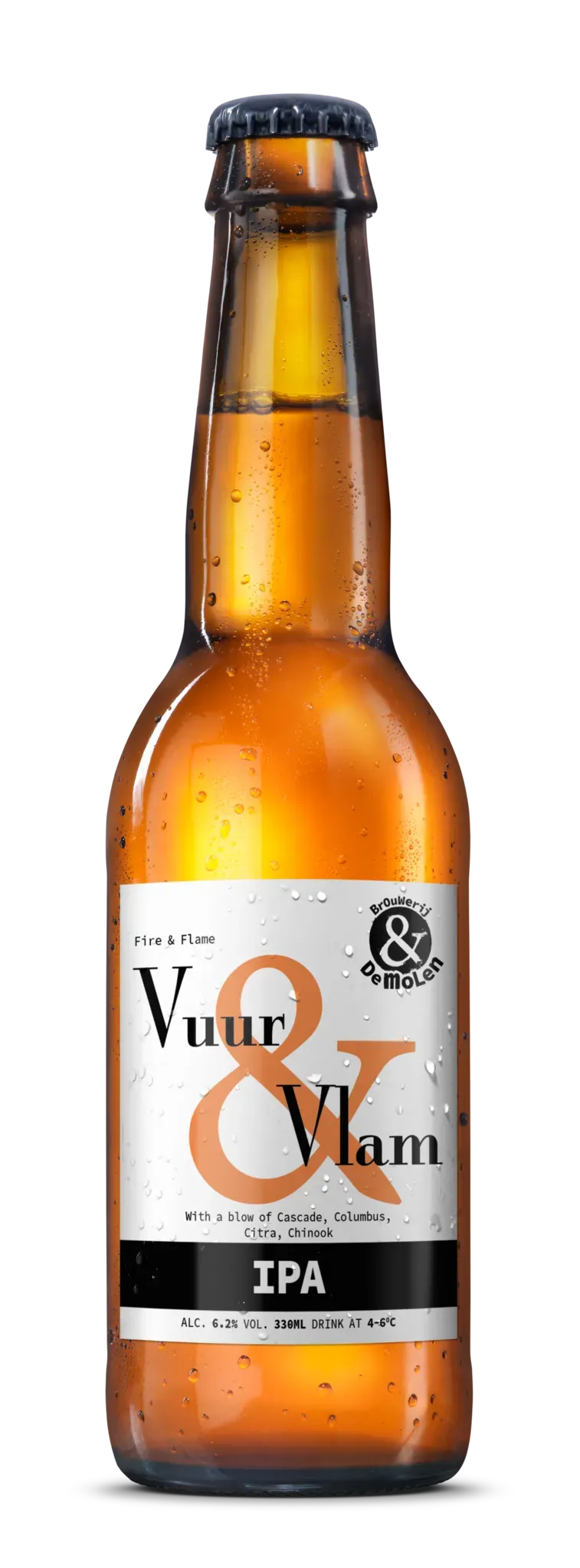 Fles Vuur & Vlam IPA bier van Brouwerij De Molen, helder label met typografie, krachtig en bitter bier met 6,2% alcohol