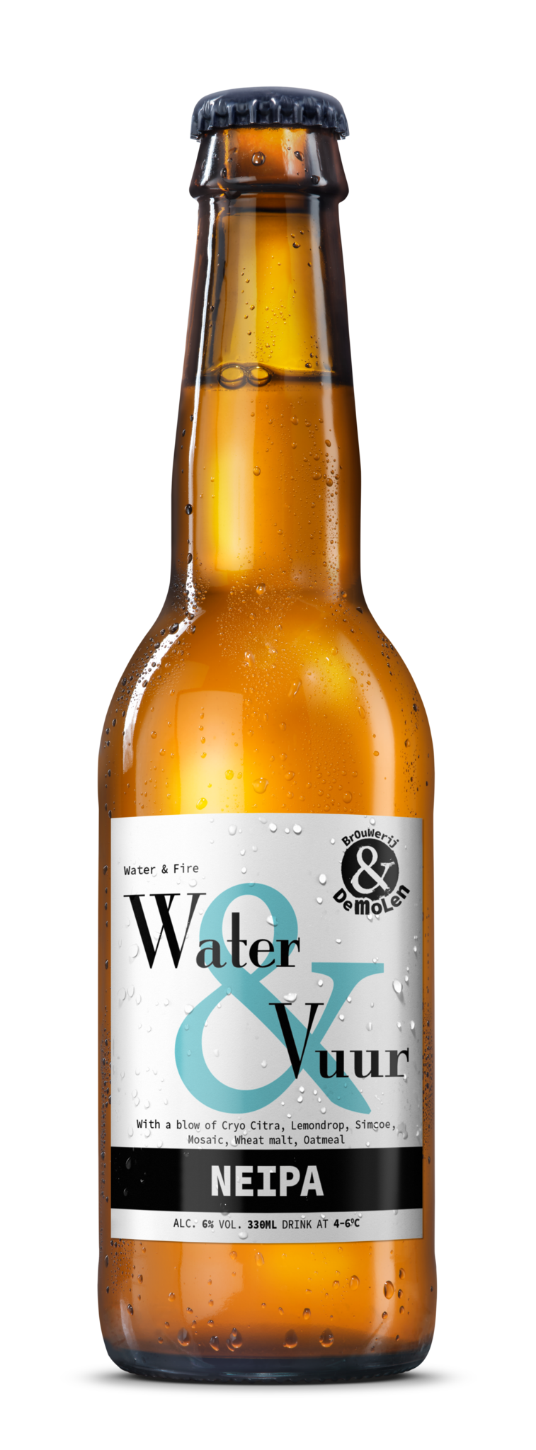 Bruine fles Water & Vuur bier van Brouwerij De Molen, NEIPA van 6% met citrus-hop en verfrissend bier 
karakter.