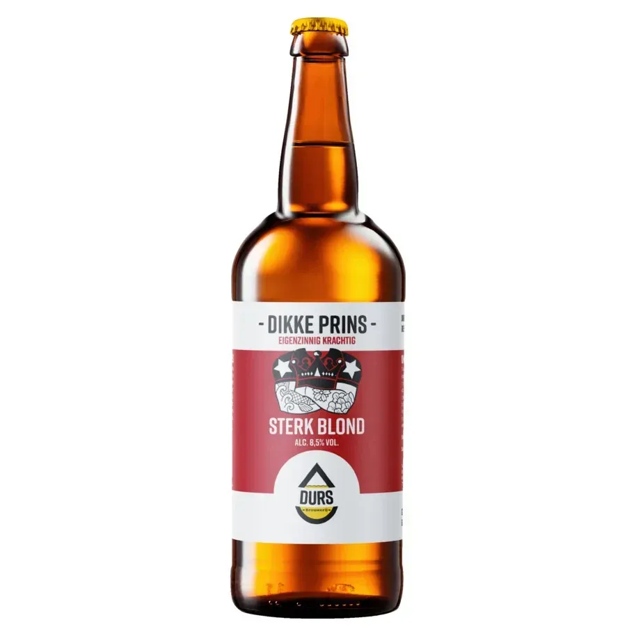 Grote fles Dikke Prins van Durs. Sterk blond bier met 8,5% alcohol en uitgesproken karakter uit Arnhem.
