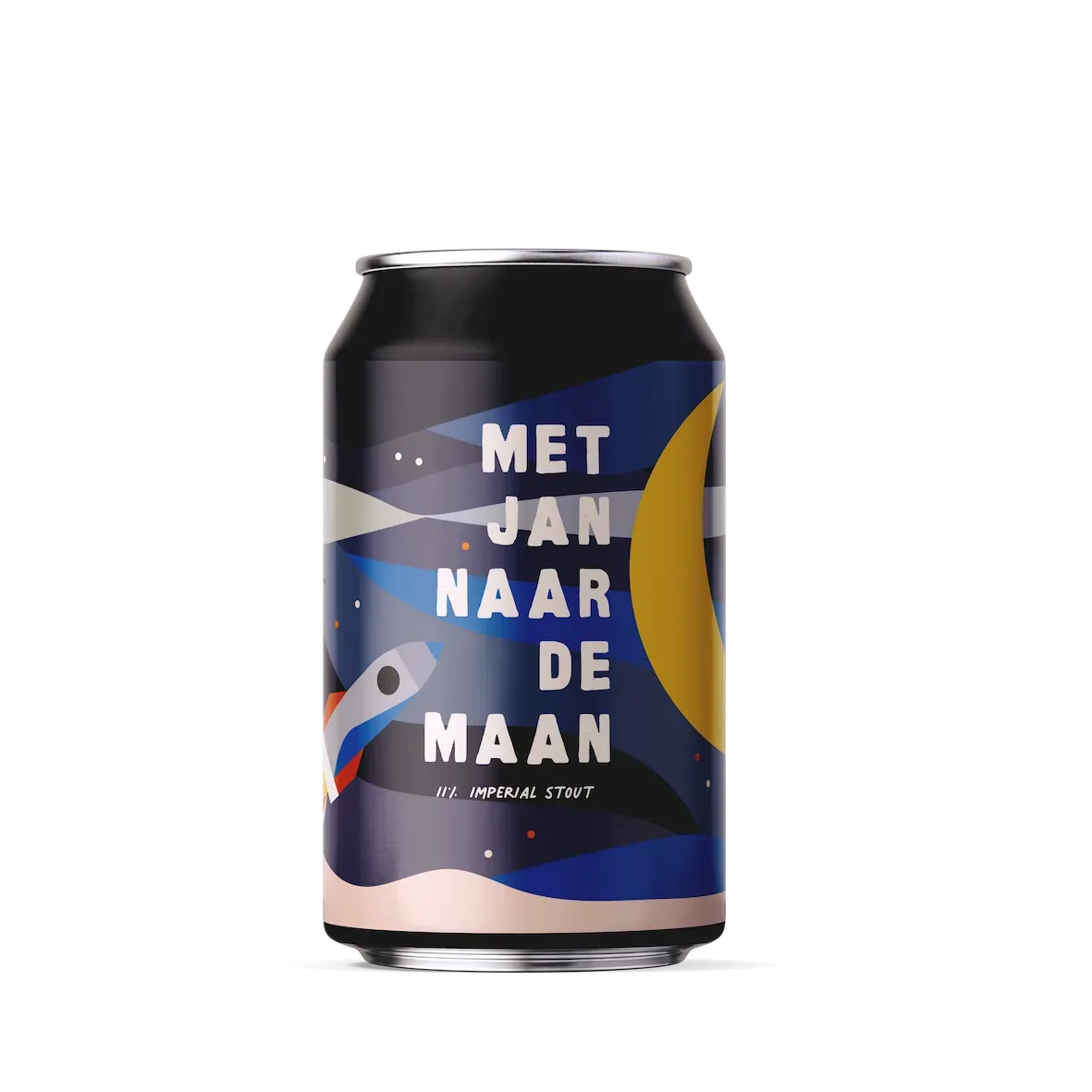 Blik Met Jan Naar De Maan bier met raket en maanillustratie, 11% imperial stout in kleurrijk design