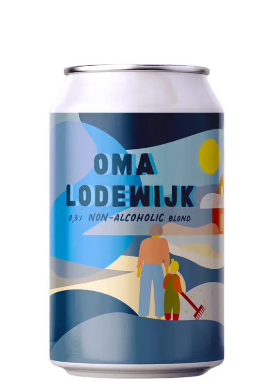 Blik Oma Lodewijk Non-Alcoholic Blond bier met zachtblauw ontwerp, alcoholvrij bier met warme en nostalgische uitstraling