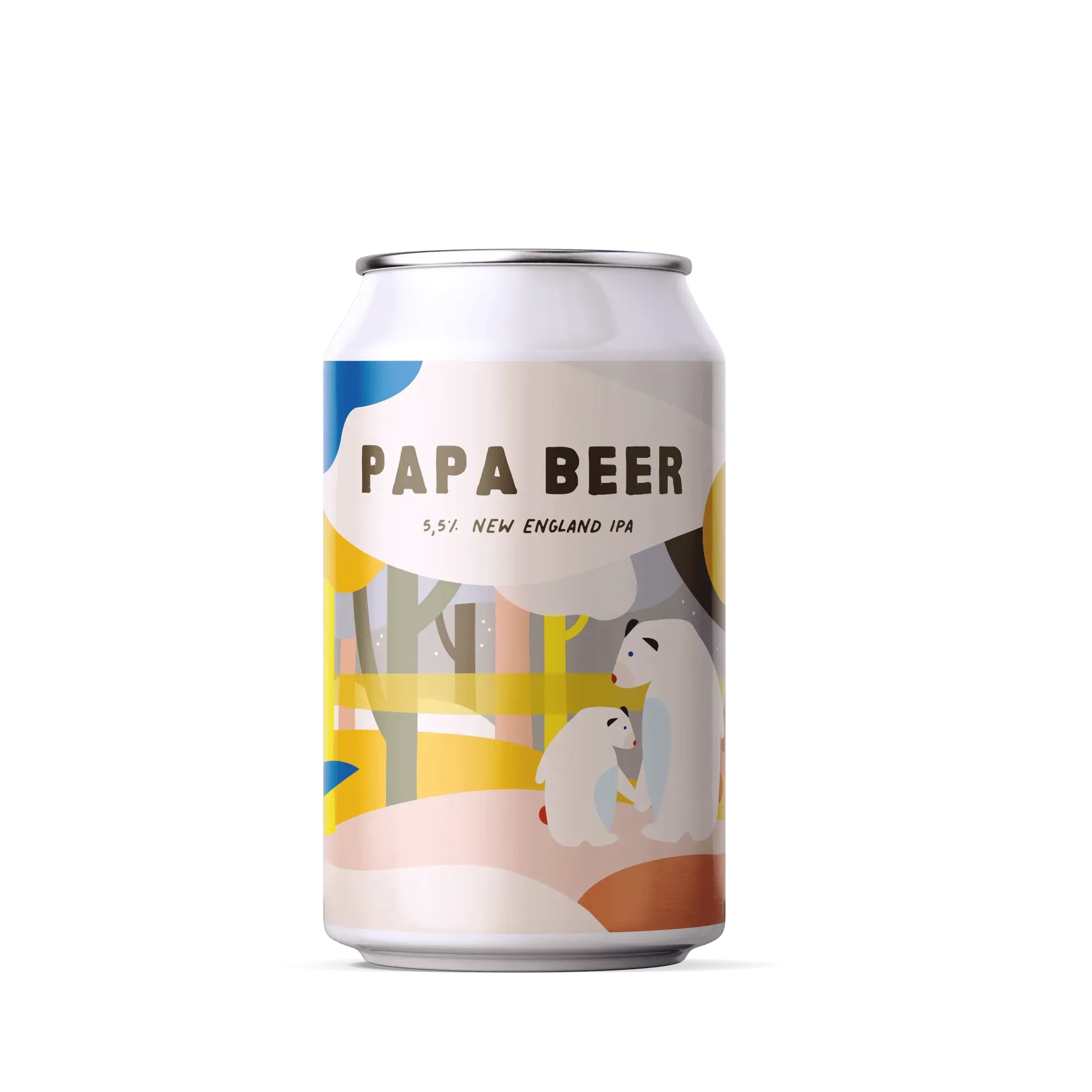 Blikje New England IPA bier met illustratie van ijsbeer en jong in zacht gekleurd winterlandschap met witte achtergrond