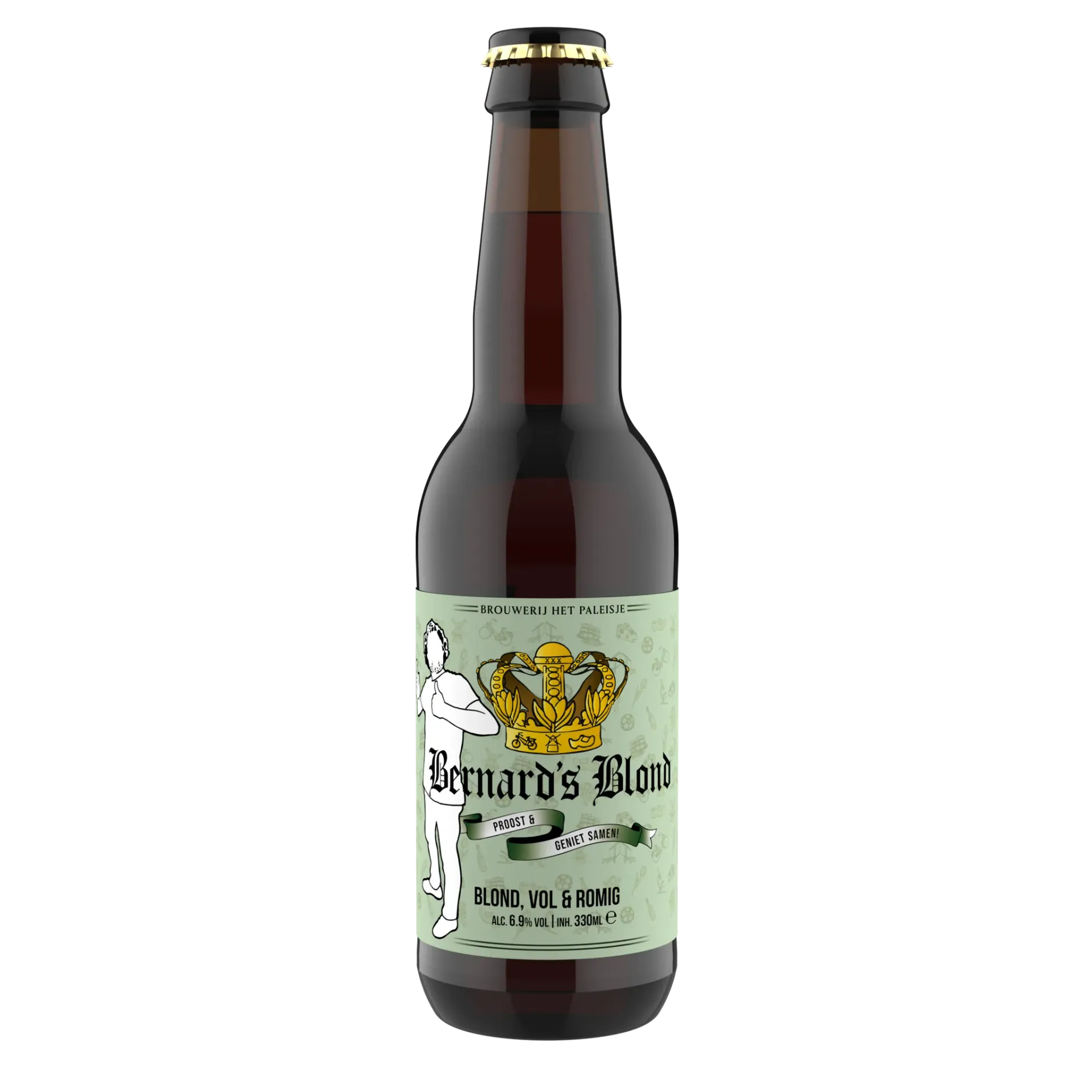Fles Bernard's Blond bier van Brouwerij Het Paleisje, met lichtgroen etiket en opschrift 'Blond, vol & romig', .