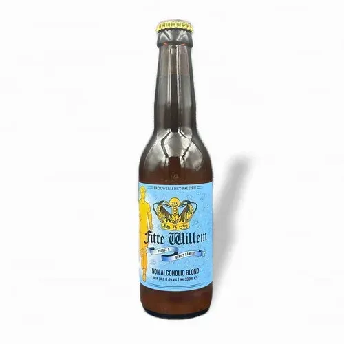 Fles Fitte Willem Non Alcoholic Blond bier met lichtblauw etiket en goudaccenten, alcoholvrij blond bier met karakter