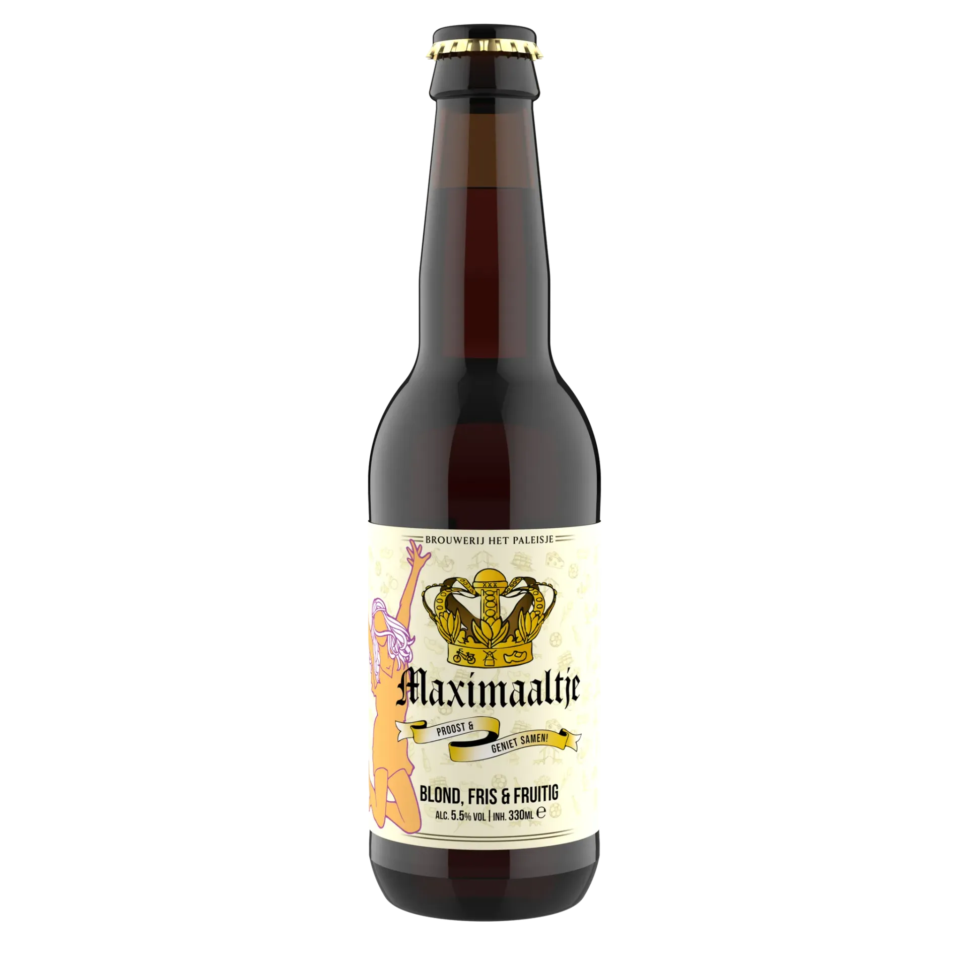 Fles Maximaaltje bier van Brouwerij Het Paleisje, blond, fris en fruitig, 5,5% alcohol.